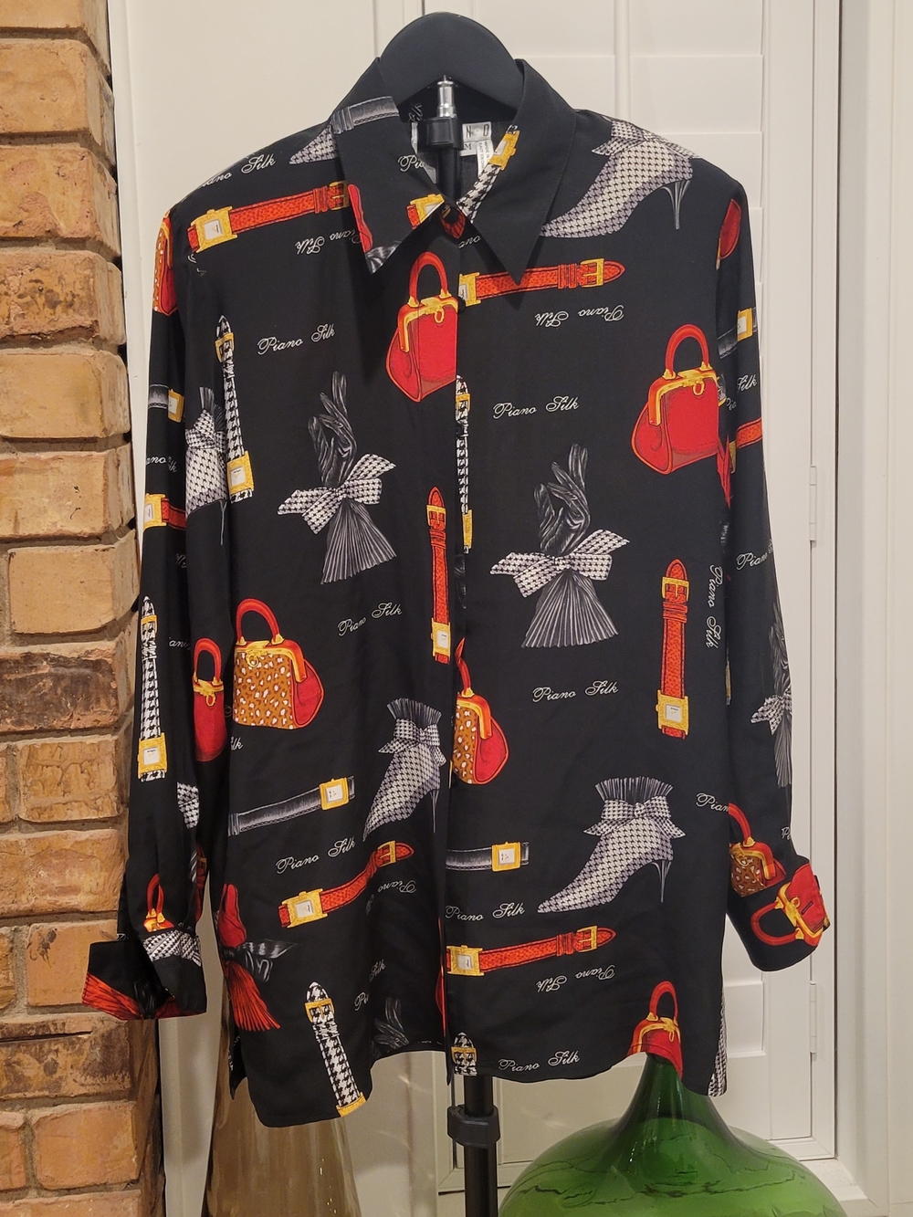 Vintage 100% Piano Silk Black Printed Button-Front Blouse with Red Handbag Motif